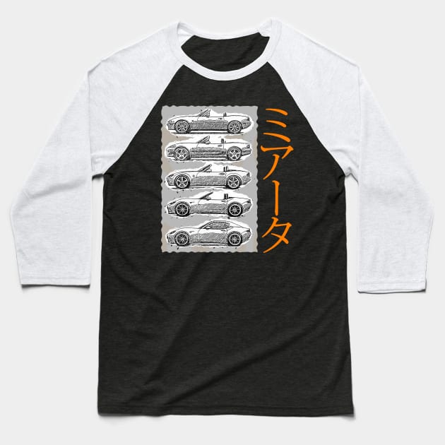 Miata Generations Baseball T-Shirt by FurryBallBunny